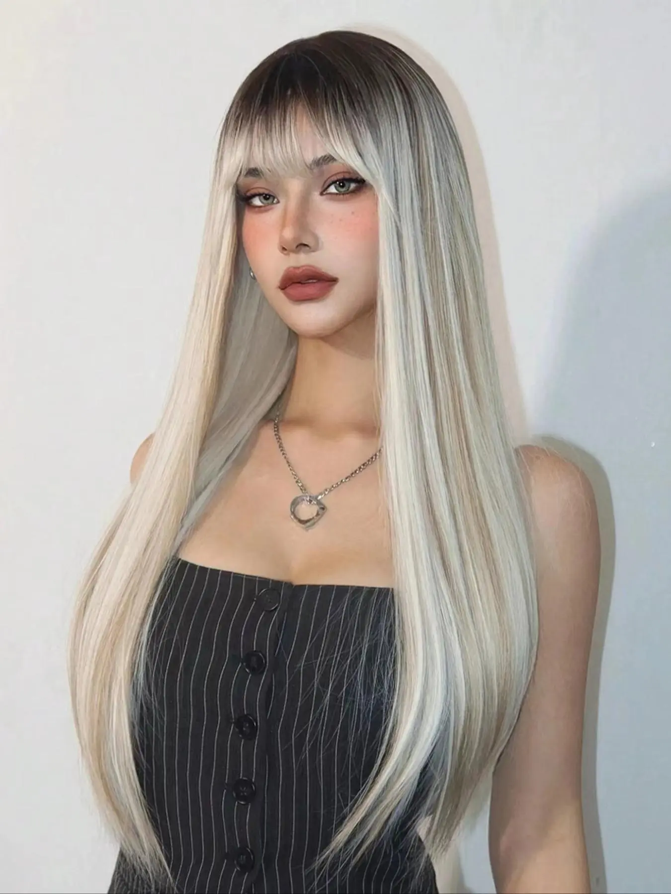 28 Inch Long Straight Highlights Ombre Wigs for Women, Gorgeous Fluffy Wigs with Blunt Bangs, Synthetic Full Machine Wigs for Party, Daily Use