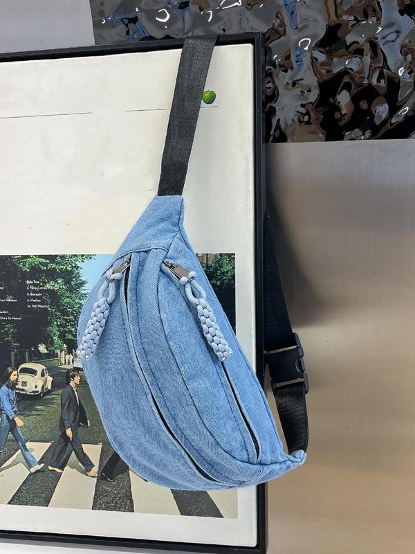Women's Solid Color Denim Fanny Pack, Fashionable Large Capacity Sling Bag for Daily Used, Casual Trendy Versatile High-quality Daily Commuting Bag 7