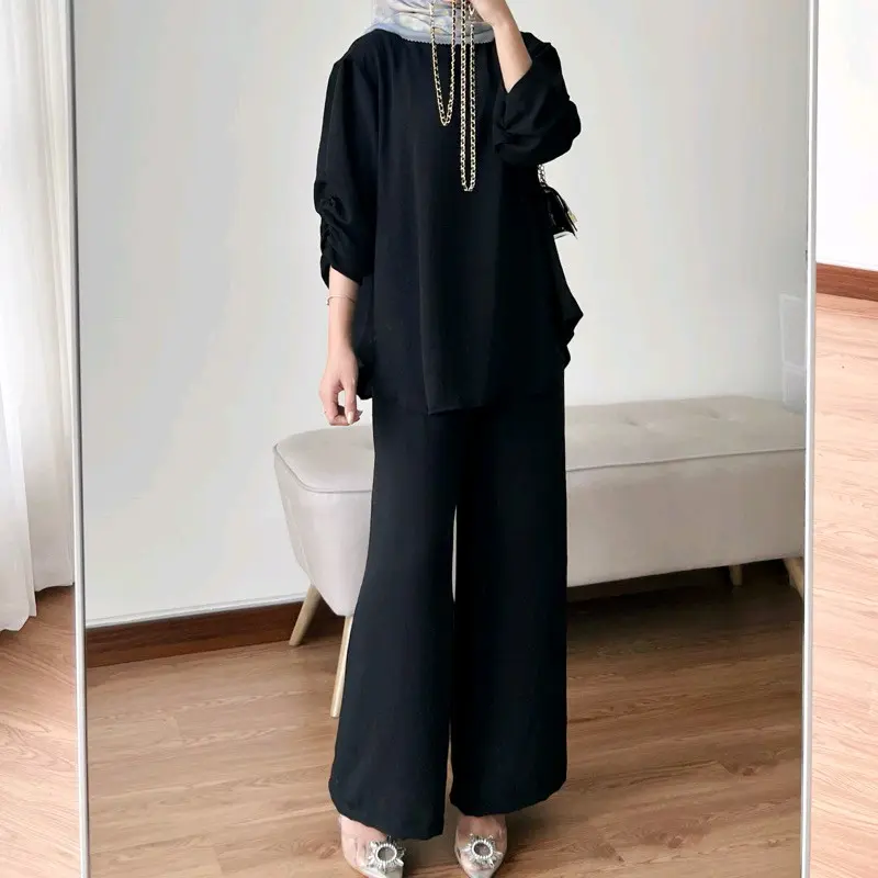 Raveena One Set Tangan Kerut | Setelan Baju Atasan Wanita Dewasa Muslim Karet Crinkle Airflow | Celana Kulot Panjang 8