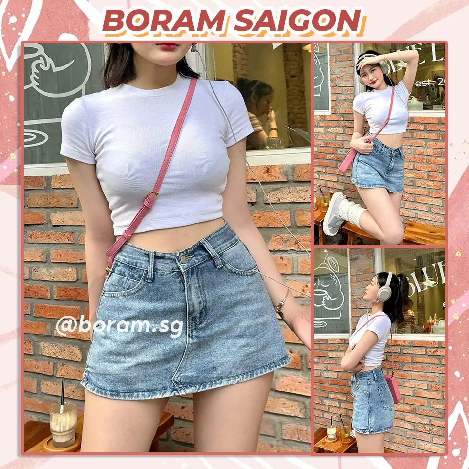 Chân váy jean ngắn chữ A, quần giả váy năng động cá tính BORAM SG Nữ Women  Khuy