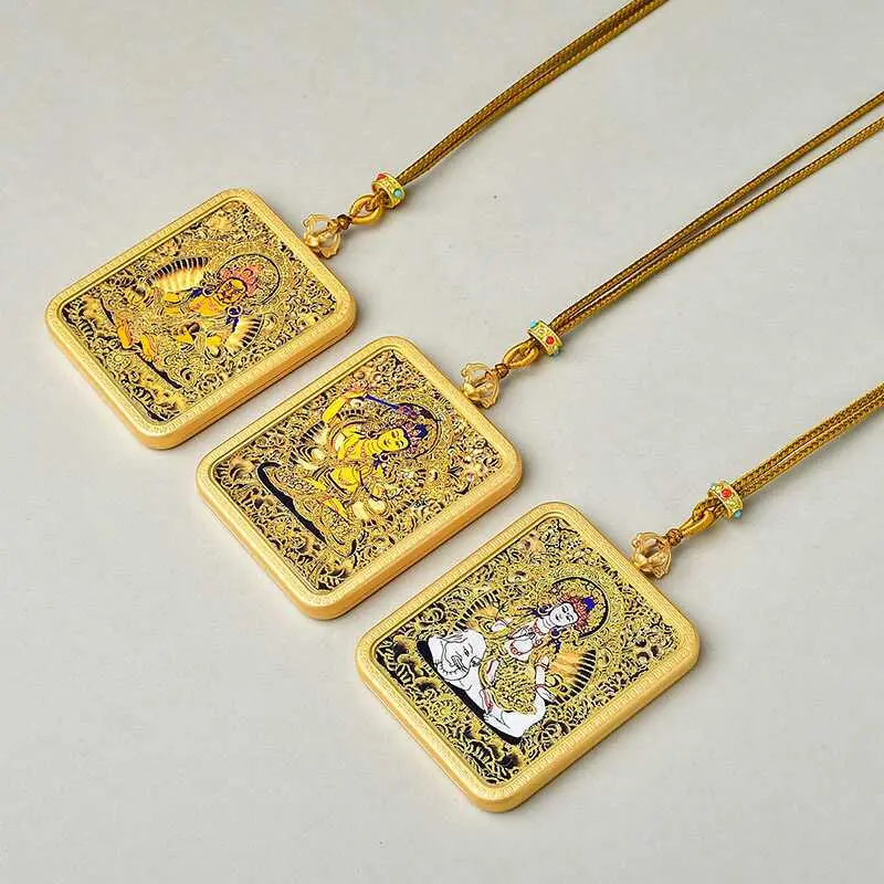 Hand-painted Pure Gold Hand-painted Zodiac Five Gods Pendant Thangka Buddha Amulet Necklace Black Gold Guardian Deity Protection