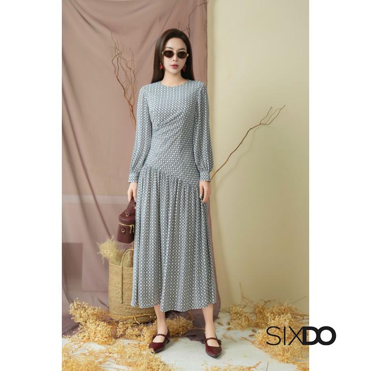 Đầm dài họa tiết cổ tròn dài tay SIXDO (Mint Floral Chiffon Flared Dress) 7