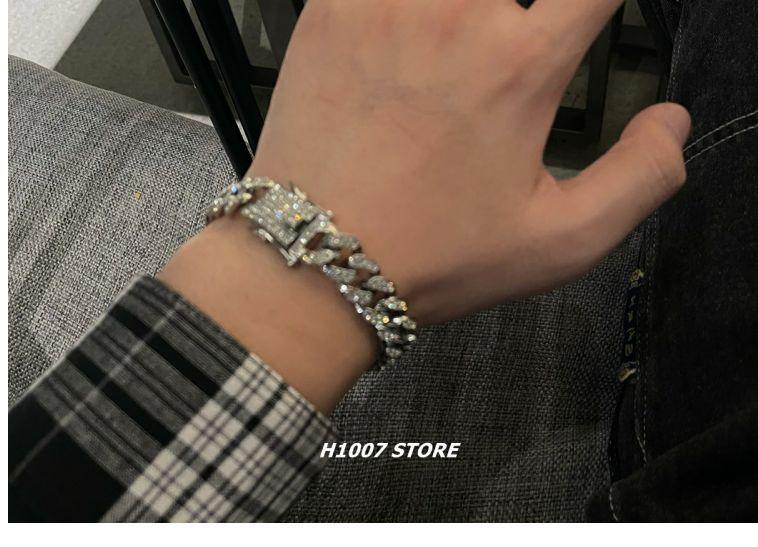 Product Introduction of Full Crystal Stone Cuban Chain Hip Hop Bracelet For Men Silver Color Metal Link Chain Rhinestone Luck Closure Mens Bracelet 25