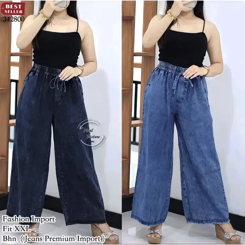 Kulot Jeans Highwaist Wanita Super Jumbo/ Celana Jeans Kulot Snow Pinggang Karet Serut 0