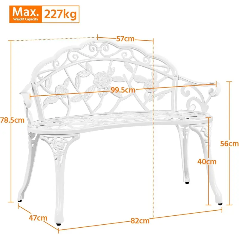 Garden Bench Outdoor Loveseat Metal Bench Outdoor Patio Furniture Seat with Rose Design, for Porch/Lawn/Yard, White 2