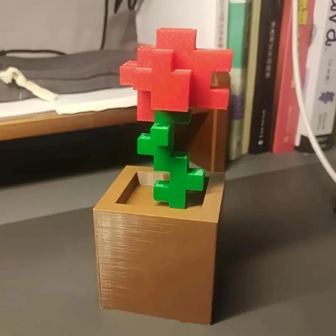 3D Printed Pixel-Rose in Pot Pattern Decoration, 1 Count Pixel Art Design Decorative Rose, Durable Plastic Rose for Bedroom Decoration, Gift for Friend