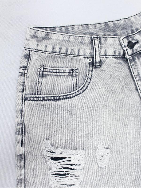 Men's Solid Color Ripped Denim Shorts, Fashion Loose Fit Short Jeans for Summer, Men's Bottoms for Daily Wear, Cotton, Womenswear 7
