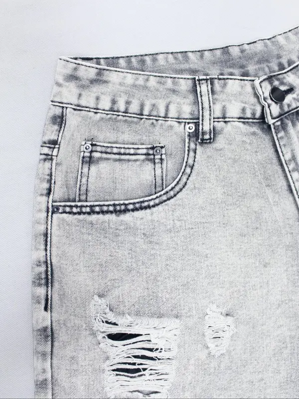Men's Solid Color Ripped Denim Shorts, Fashion Loose Fit Short Jeans for Summer, Men's Bottoms for Daily Wear, Cotton, Womenswear 7