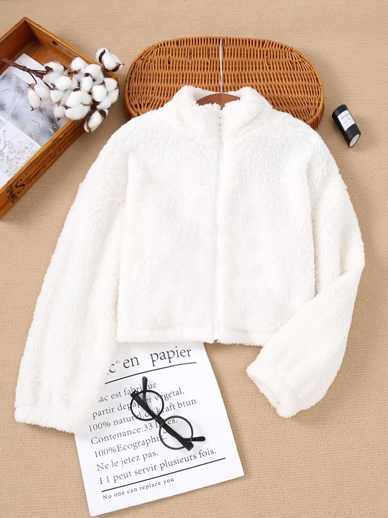 Girl's Solid Drop Shoulder Fuzzy Jacket, Casual Long Sleeve Stand Collar Outerwear for Fall & Winter, Kids Clothes for Daily Wear