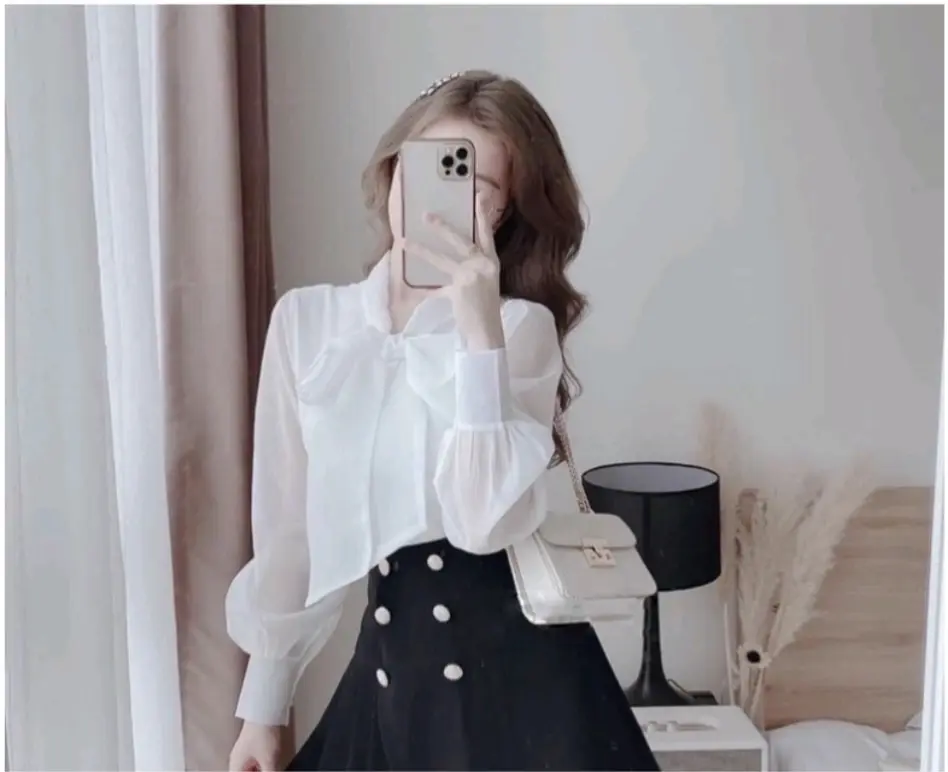 Áo sơ mi công sở nữ cực xinh, Áo nơ 2 lớp nữ mẫu mới chất đẹp mặc tôn dáng điệu đà. mã 530 Top Trắng