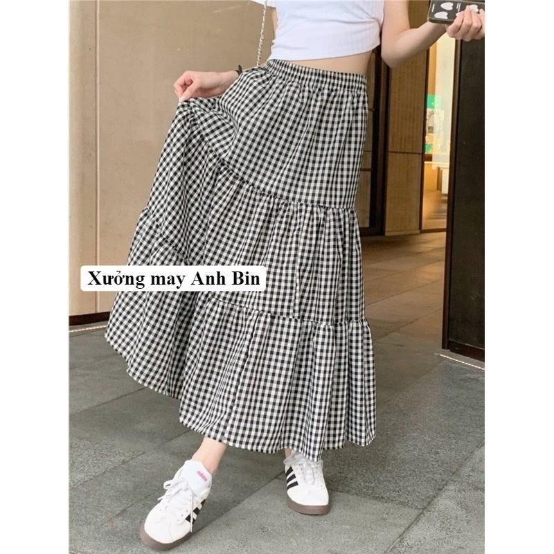 Chân váy maxi 3 tầng kẻ caro cạp chun lưng cao, dài 86-88cm chất đũi Nhật cao cấp mềm mại và thanh thoát 3
