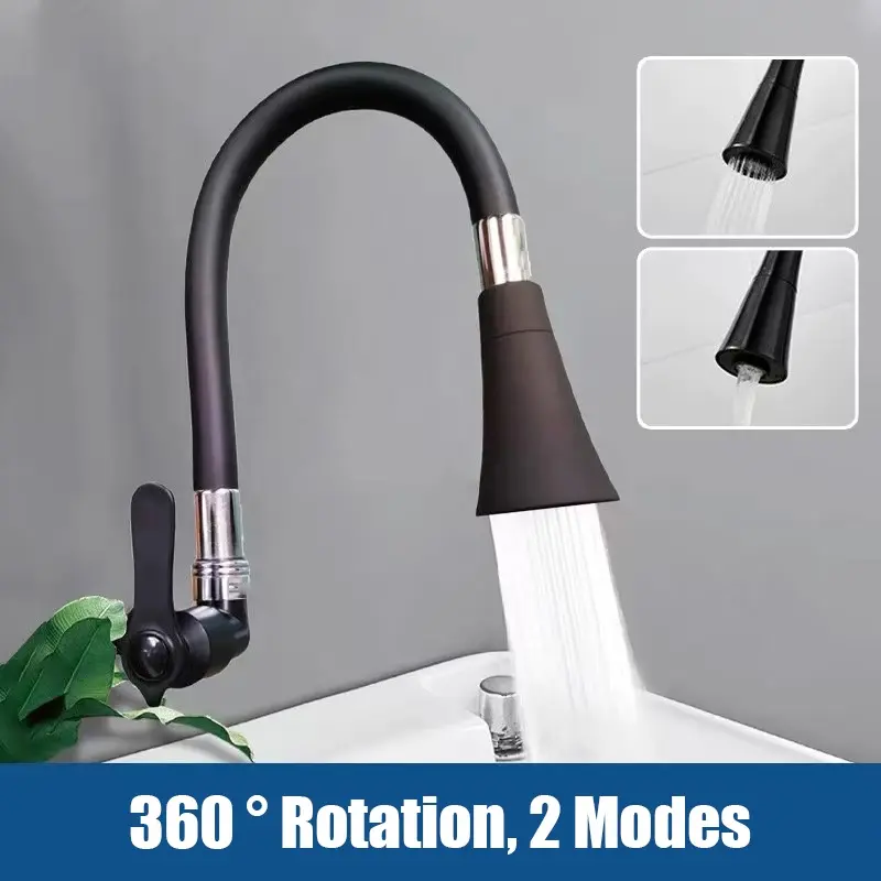 【COD】SUS304 Kran Angsa Fleksibel Hitam 360° Rotasi 2 Mode Cuci Piring Dinding Anti Karat Keran Wastafel Cuci Tangan Dapur Air Kotak Plastik Sawer Kamar Berwudu