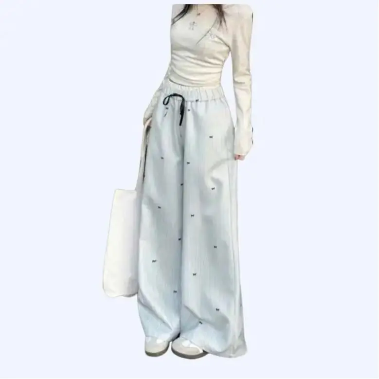 Quần Suông Kẻ Họa Tiết Nơ/Tim Đáng Yêu Chất Liệu Thô Lạnh Màu Sắc Nhã Nhặn Phù Hợp Cho Ngày Hè Năng Động