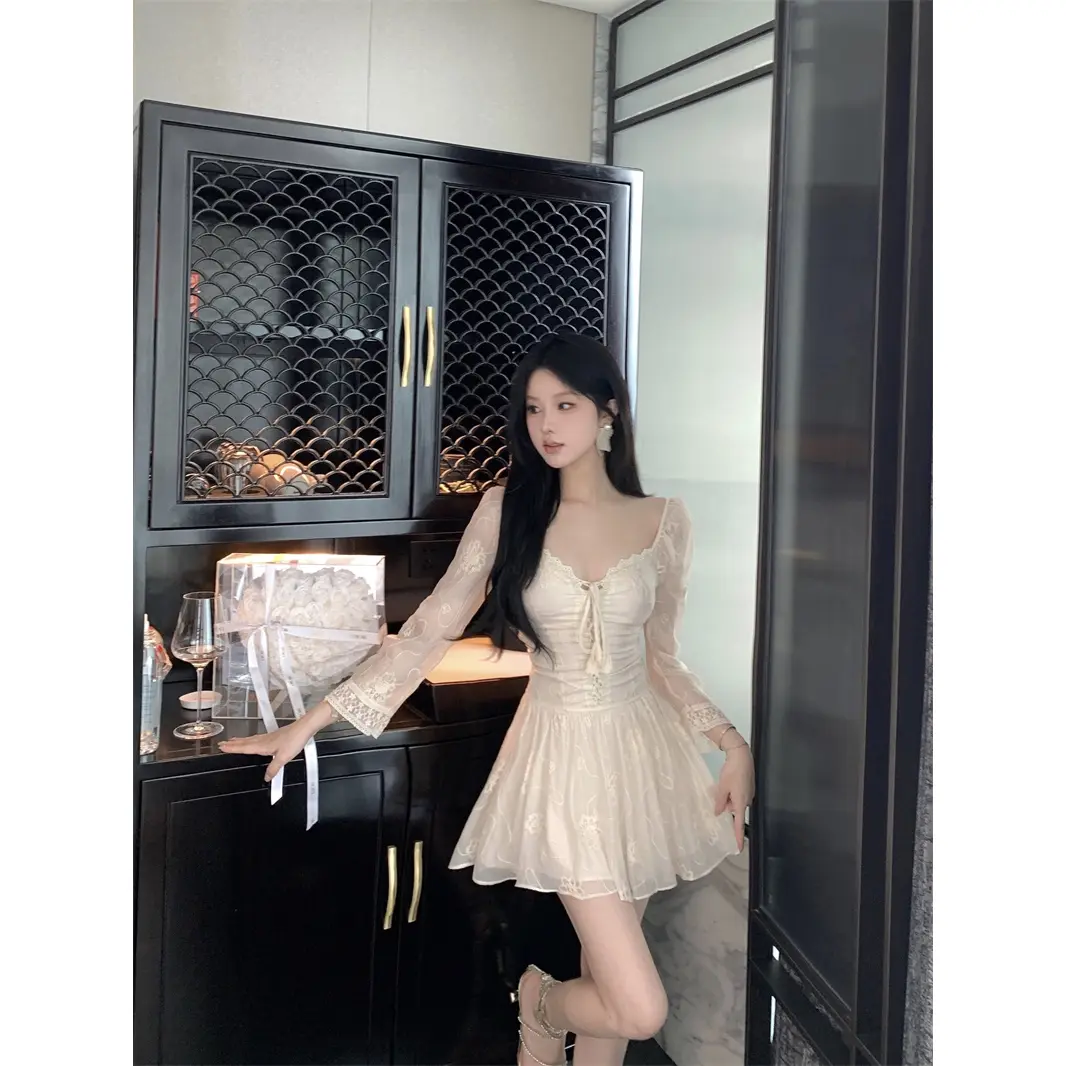 2026 White Lace Dress, V-Neck, Long Sleeve, Elegant High-End Style for  Women, Spring New Arrival, Waist-Cinching Bodycon Mini Dress - TikTok Shop  Philippines