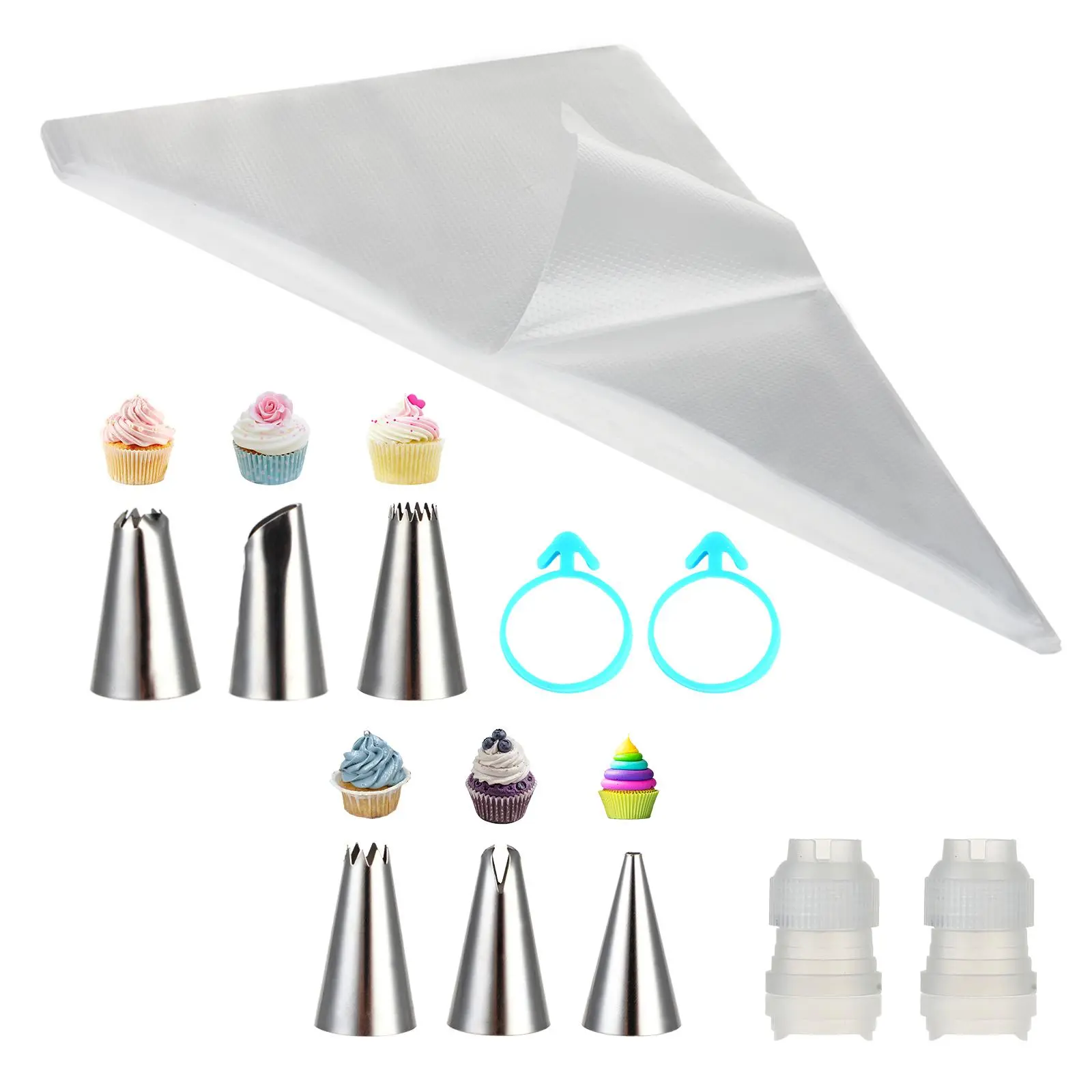 Disposable Piping Bag Set, 1 Set Including 100 Piping Bag & 6 Piping Nozzles & 2 Couplers & 2 Silicone Cable Ties, Baking Tool Set for Cake, Cookie, Cupcake