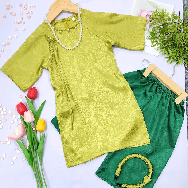 (9-38kg) Bộ áo dài gấm truyền thống tay lở (kèm xược và chuỗi ngọc) + quần lụa bóng mềm mát 4