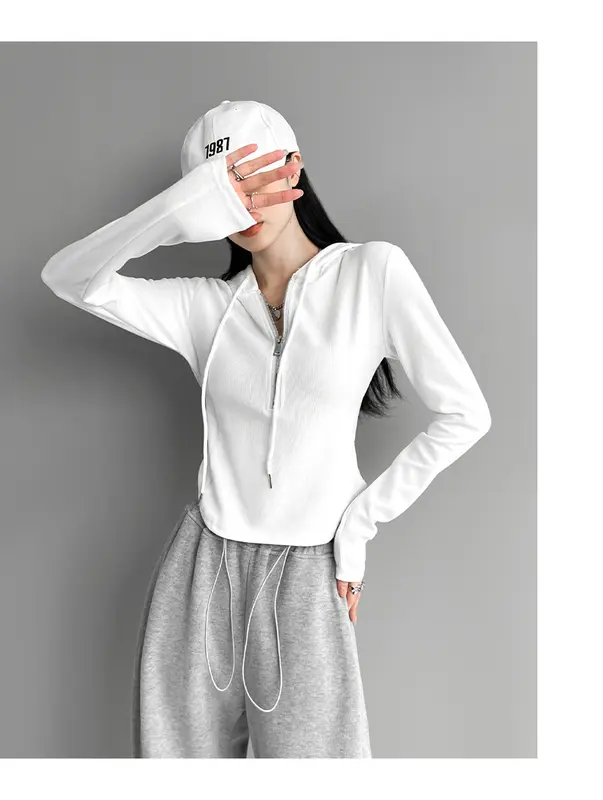YF001 hoodie wanita |  Zip Front Hoodie |   lengan panjang |  pakaian wanita  |   Fit |   Basic |  Putih |  Hitam | Sweater |  Fleece |  Crewneck Nyaman Simple Baju Oversize Atasan Lembut Sweatshirt 5