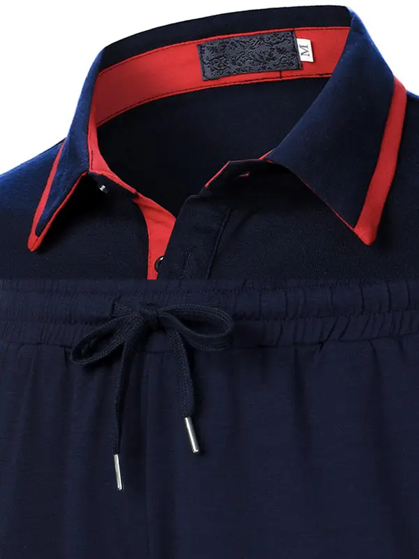 Two-Piece Set Men's Patchwork Short Sleeve Polo Shirt & Shorts, Regular Fit Casual Fashion Cozy Breathable Top & Shorts for Daily Outdoor Wear, Men's Clothing for Summer 6