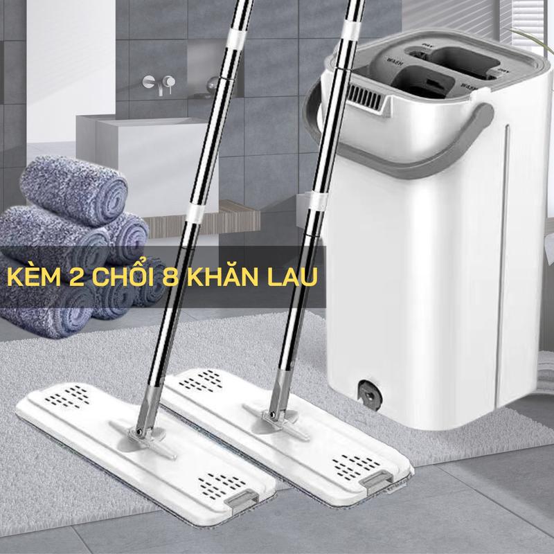 Bộ Cây Lau Nhà 8 Miếng Lau Thông Minh Tự Vắt Gồm 2 Chổi Lau Kèm 8 Bông Lau Và Thùng Vắt Lau Nhà 360 Độ Lau Sàn