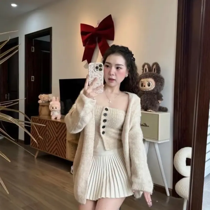 Sét Áo Quây Đính Cúc Phối Áo Khoá Len Lông Thỏ 2 Màu Hàng QCCC Loại 1 Dành Cho Nữ
