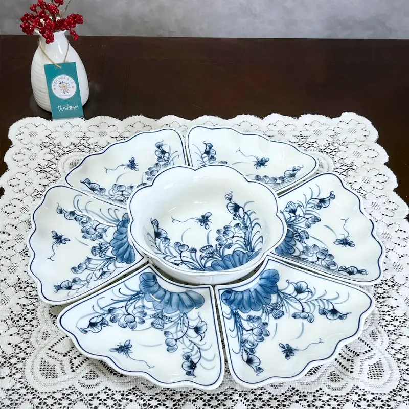 Bộ bát đĩa hoa mặt trời hoạ tiết SEN CHUỒN VẼ KỸ 4