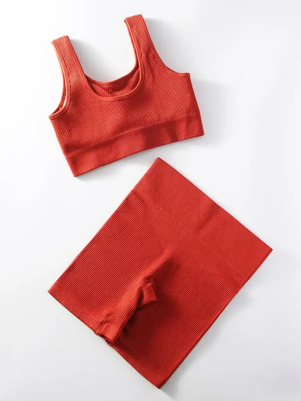 Women's Solid Ribbed Crop Top & High Waist Shorts Sportswear Set, Casual Comfy Breathable Two-piece for Yoga Gym Workout Running, Ladies Sportswear for All Seasons 7