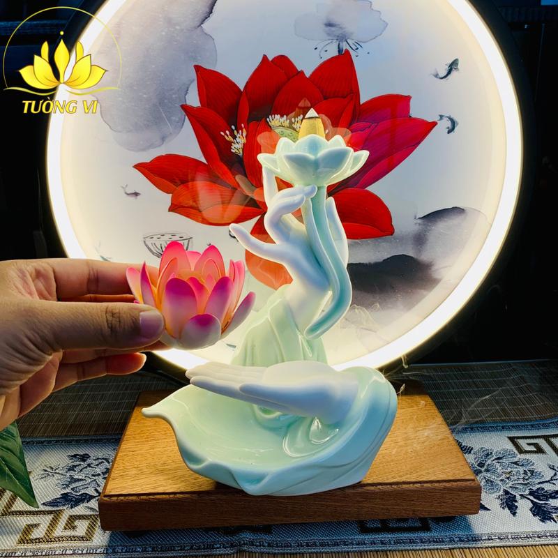 Tháp Trầm Hương Tay Phật, Thác Khói Trầm Hương Khói Ngược Hoa Sen, Dụng Cụ, Khay, Đế Đốt Trầm Bằng Gốm