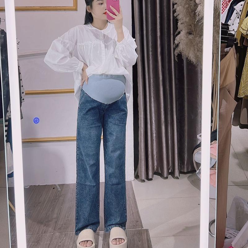  Quần  jean dáng xuông dài cho bầu,màu xanh ,có đáp bụng và chun chỉnh 