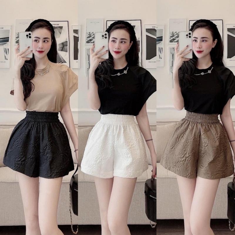 Quần short nữ ống rộng lưng cao cạp thun chun có túi in hoa nổi Quần đùi nữ cạp cao phồng mặc ở nhà ngủ thể thao đi biển Có hoa Pants Women Ong