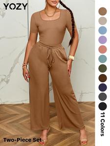 YOZY Women's Drawstring Pants Set, Casual Scoop Neck Bodysuit & Pants Set for Daily Wear, Ladies Clothes for Summer