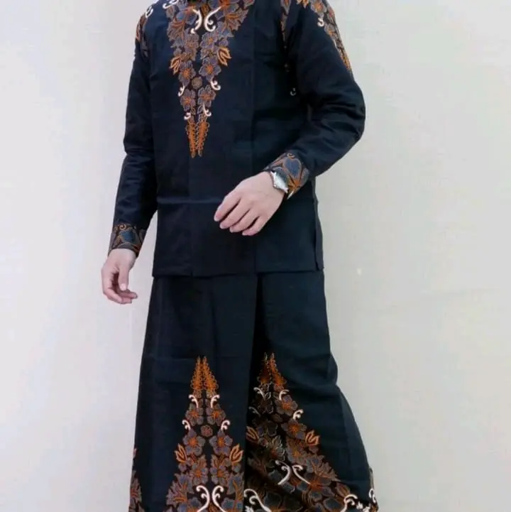 setelan sarung & baju koko batik motif akhwan hitam Muslim Panjang Katun