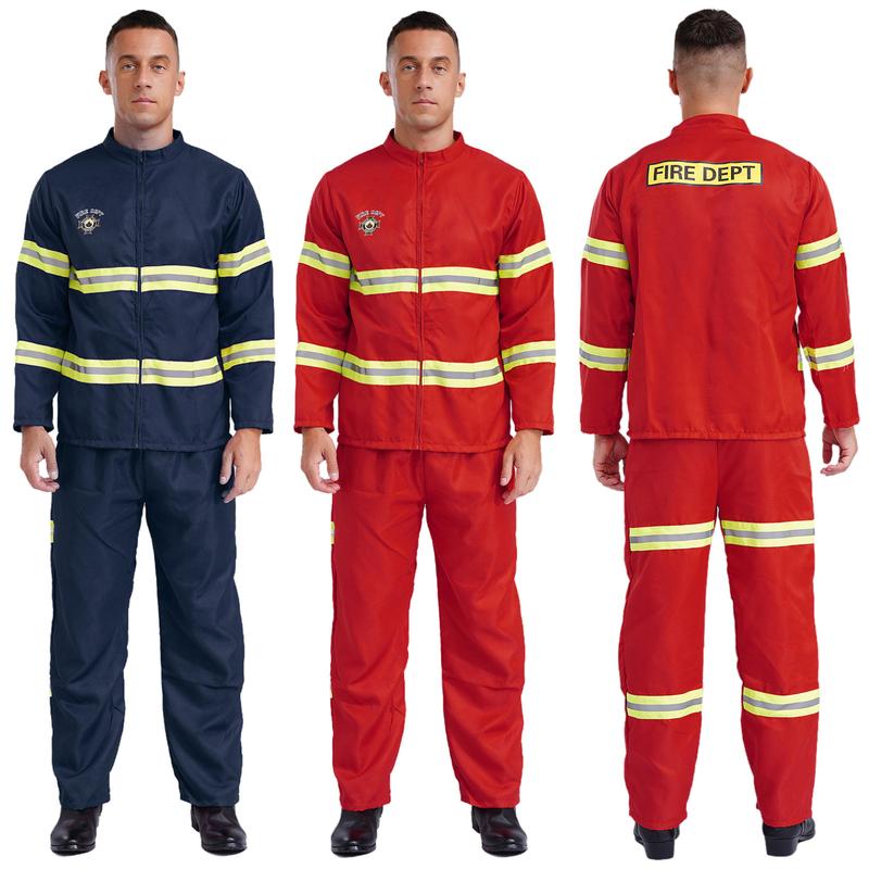 Manyakai Mens Firefighter Costume Fireman Role Play Uniform Long Sleeve Reflective Stripes 4-piece Suit 0