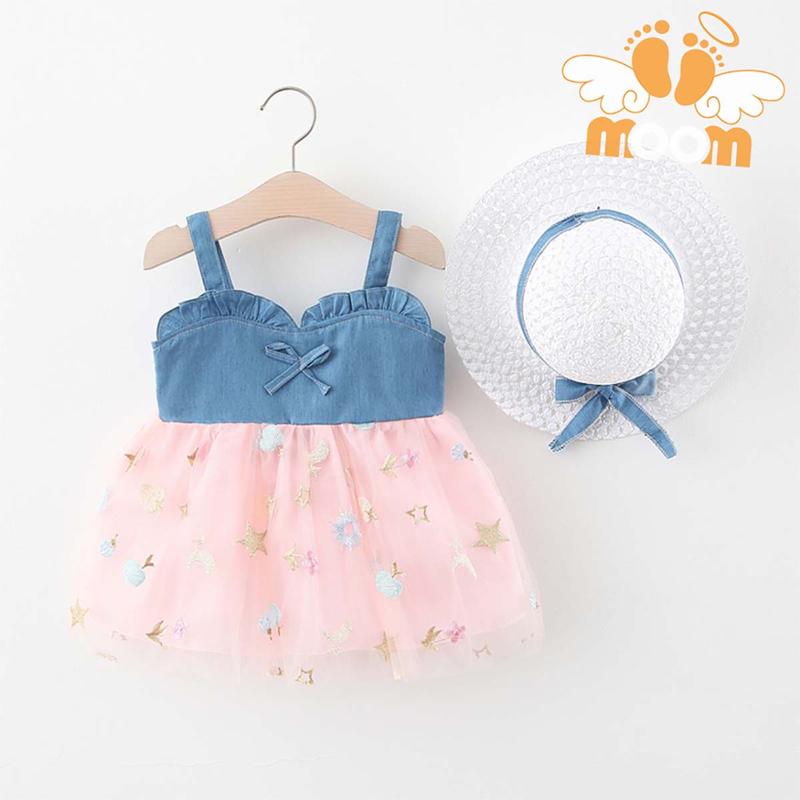 Đầm bé gái áo 2 dây denim váy voan thêu hoa có lót kèm nón 1