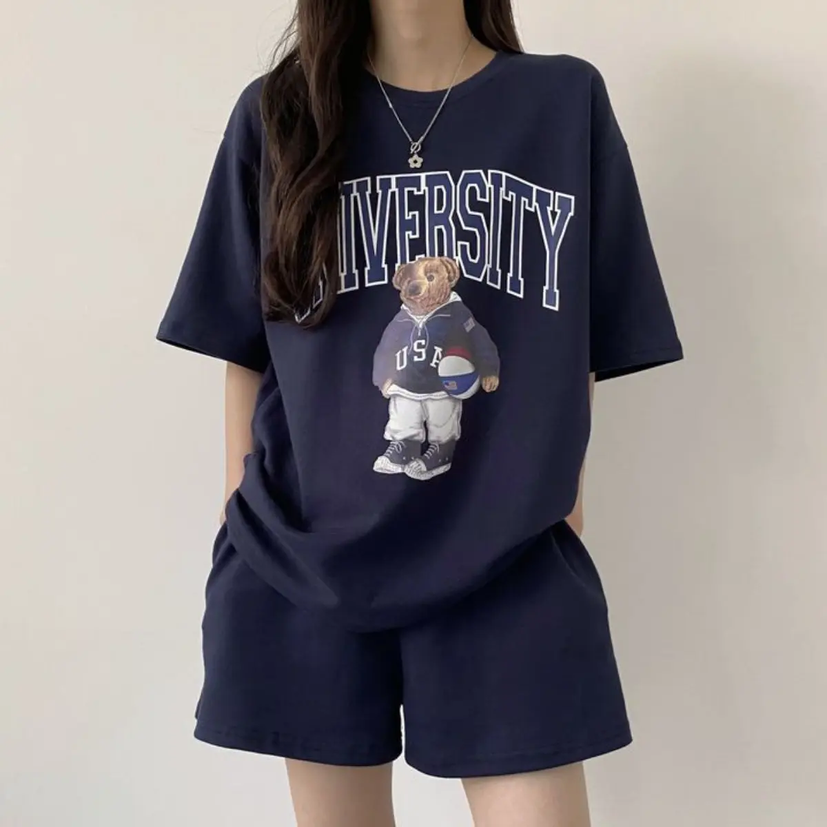 Cartoon Short-sleeved Shorts Women's Cotton Two-piece Suit Female Plus Size Korean Summer Fashion Casual Sportswear Clothing Womenswear Overalls Lingerie Lady Comfort