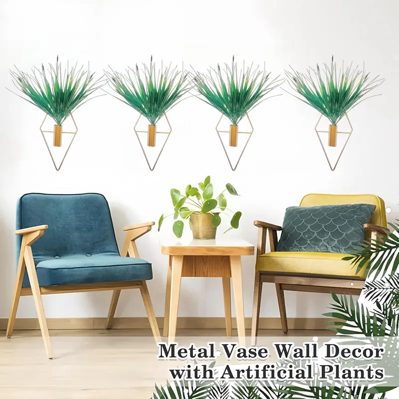 Metal Wall Hanging Decor, 1 Pair Geometric Design Wall Hanging Plant Holder with Artificial Plant, Modern Wall Art for Home Bedroom Living Room Office 2