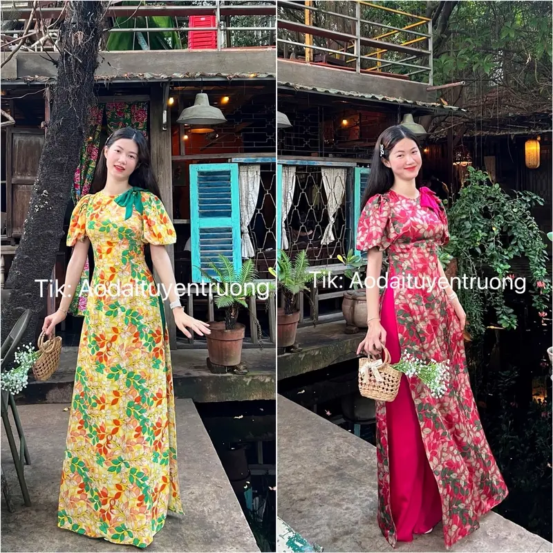 Bộ áo dài hoa lá đính nơ 2 màu 0