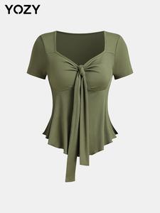 YOZY Women's Plain Knot Front Ribbed Tee, Casual Short Sleeve Sweetheart Neck T-shirt for Summer, Ladies Clothes for Daily Wear