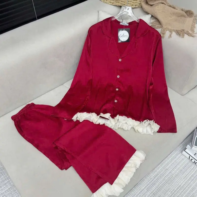 Set Bộ Tiểu Thư Tay Dài Phối Bèo Nhẹ chất vải lụa latin tơ tằm mặc thoáng mát mềm mại mã 19