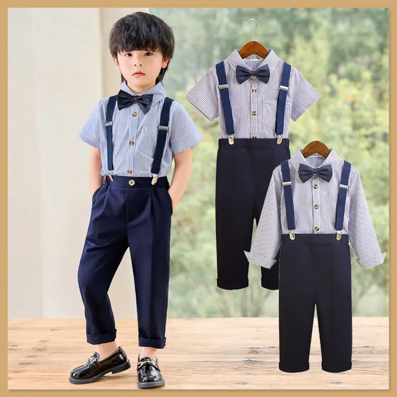 Sut Formal untuk Kanak-kanak Lelaki, Baju Berjalur dan Seluar, Tali leher, Set 4 Keping, Idea Tuxedo, Sesuai untuk Majlis Hari Lahir, Pakaian Persembahan Piano