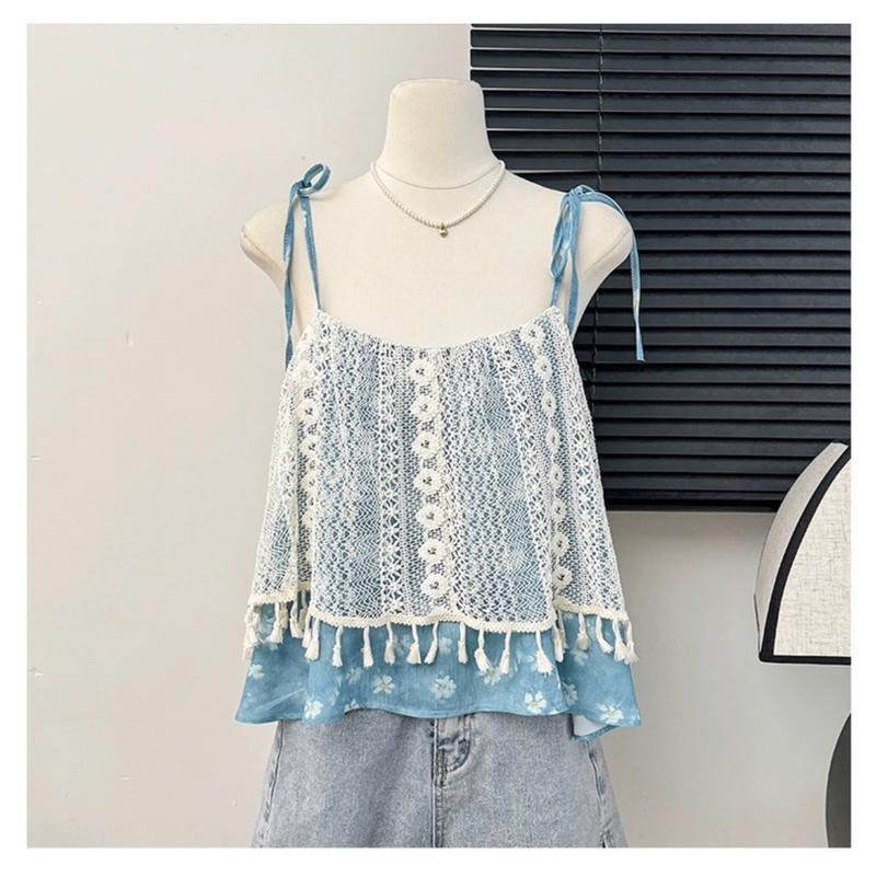 Áo kiểu nữ SM409 chất dệt kim mix lụa cotton dáng 2 dây tua rua hai lớp họa tiết hoa mai mùa hè nhẹ nhàng 2 màu Kozoda