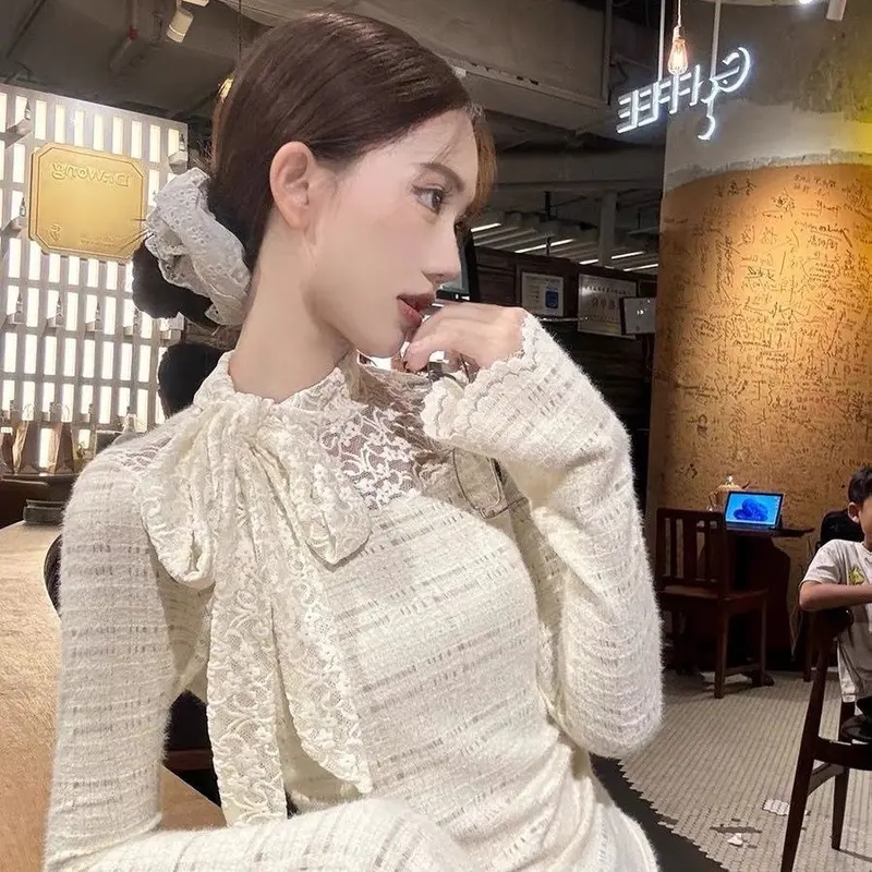 Áo Thun Mùa Thu Đông, Lót Lông Cừu, Phối Ren Liuyang, Thiết Kế Ruy Băng Nơ Duyên Dáng, Màu Vàng, Cơ Sở, Phong Cách 2024 Nữ Women 3