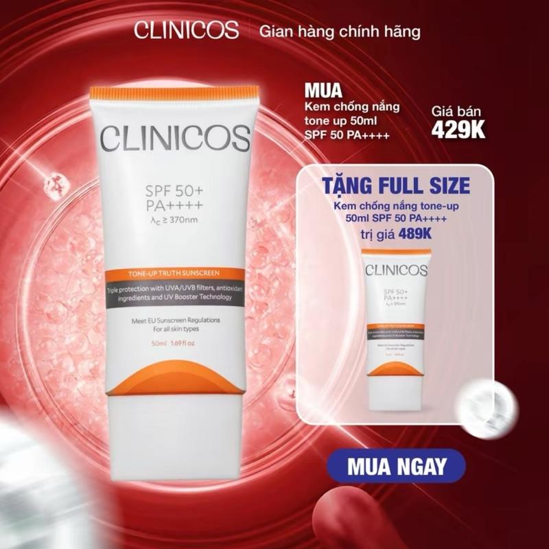 MUA 1 TẶNG 1 KEM CHỐNG NẮNG CLINICOS NÂNG TONE CHO DA NHẠY CẢM TONE- UP SENSITIVE TRUTH SUNCREEN SPF 50+ PA++++ 50ml TẶNG 1 TUÝP FULL SIZE 50ml Skincare Sun Cream Skincare Sun Cream Sunscreen