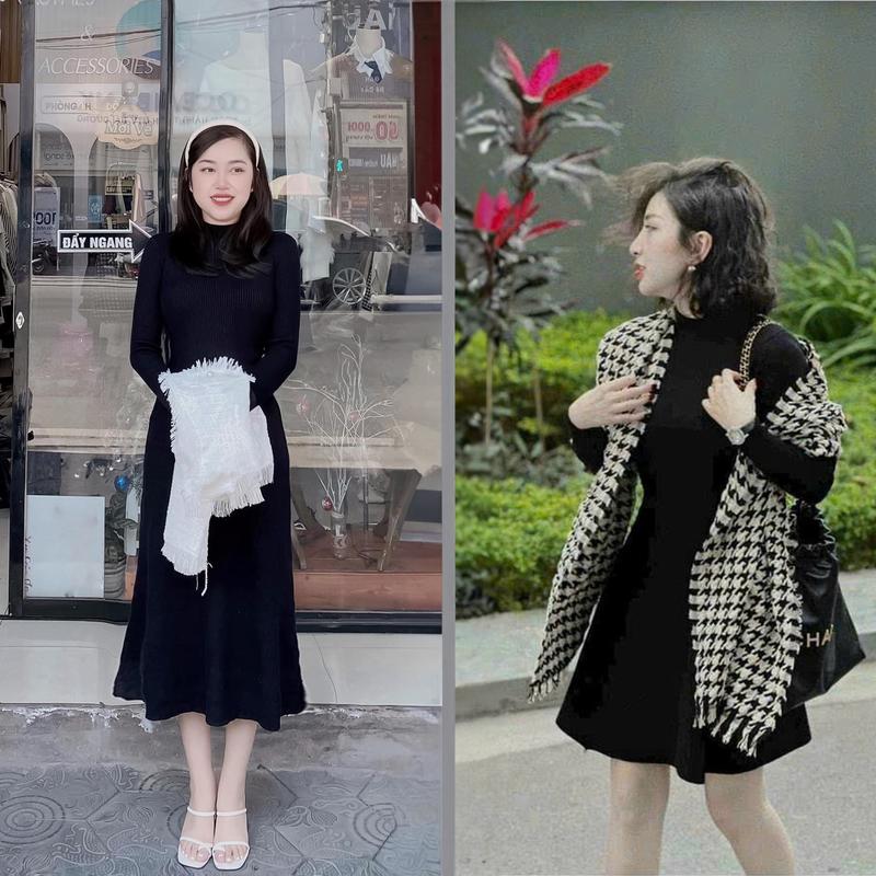 Váy body len tăm dài tay basic giữ nhiệt dễ phối đồ ôm eo tôn dáng , Đầm body Nữ Women Dress Kem Màu Đen