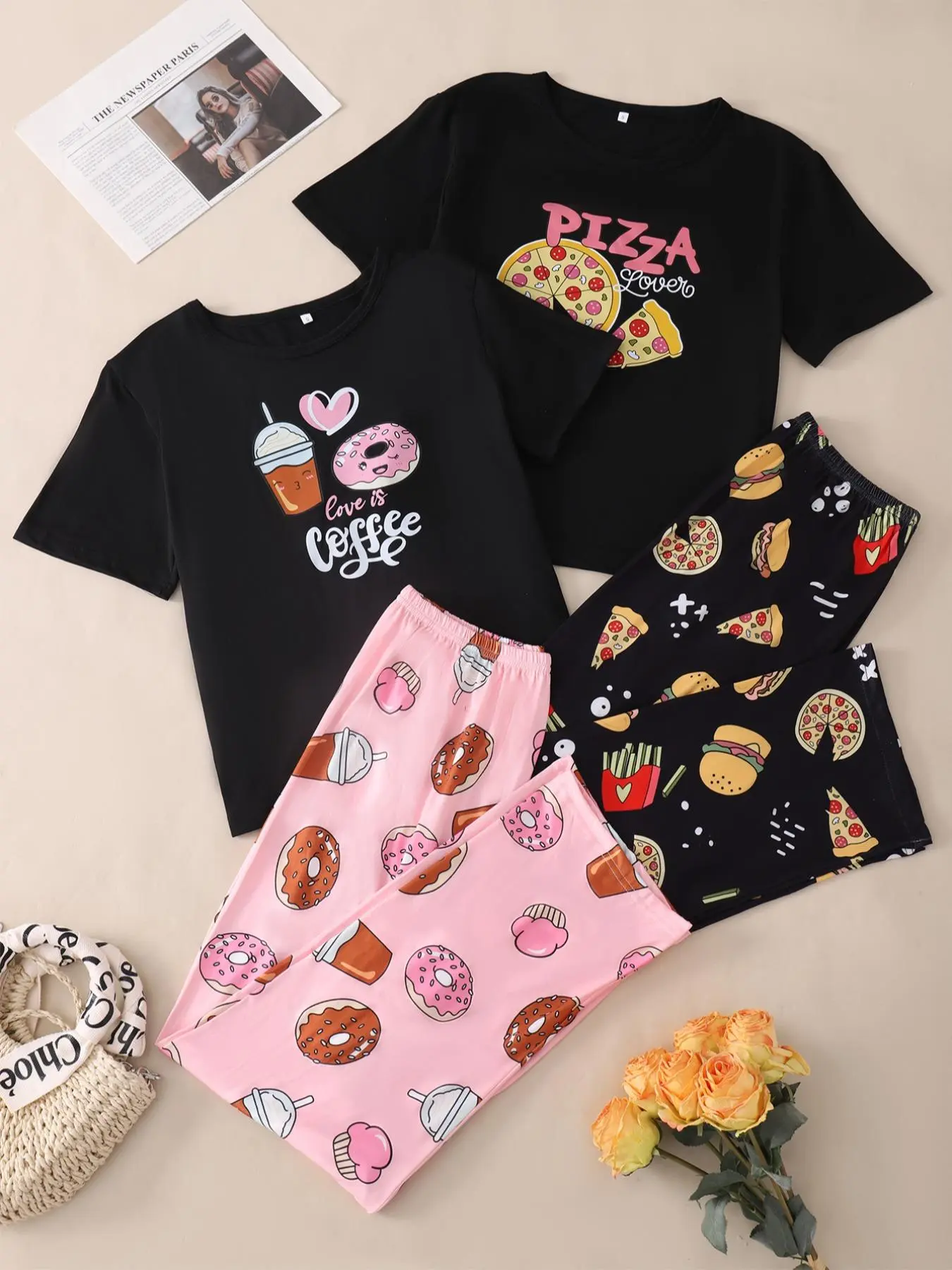 Women's Cartoon / Heart Print Tee & Plaid / Heart Print Pants Pyjama Set, Casual Comfy Round Neck Short Sleeve T-shirt & Trousers Pj Set, Ladies Sleepwear for All Seasons Valentine's Day, gift