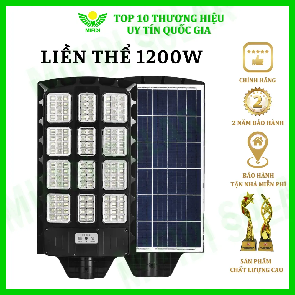 Đèn liền thể 1200W năng lượng mặt trời chính hãng Mifidi Solar, tấm pin lớn sáng xuyên đêm - Bảo hành 2 năm