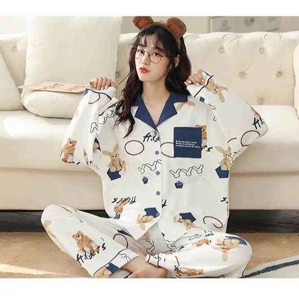 [TD3]Bộ Ngủ Nữ Pijama Áo Dài,Quần Dài, Chất Liệu Cotton Thu Đông 2023( Hàng Quảng Châu Cao Cấp)
