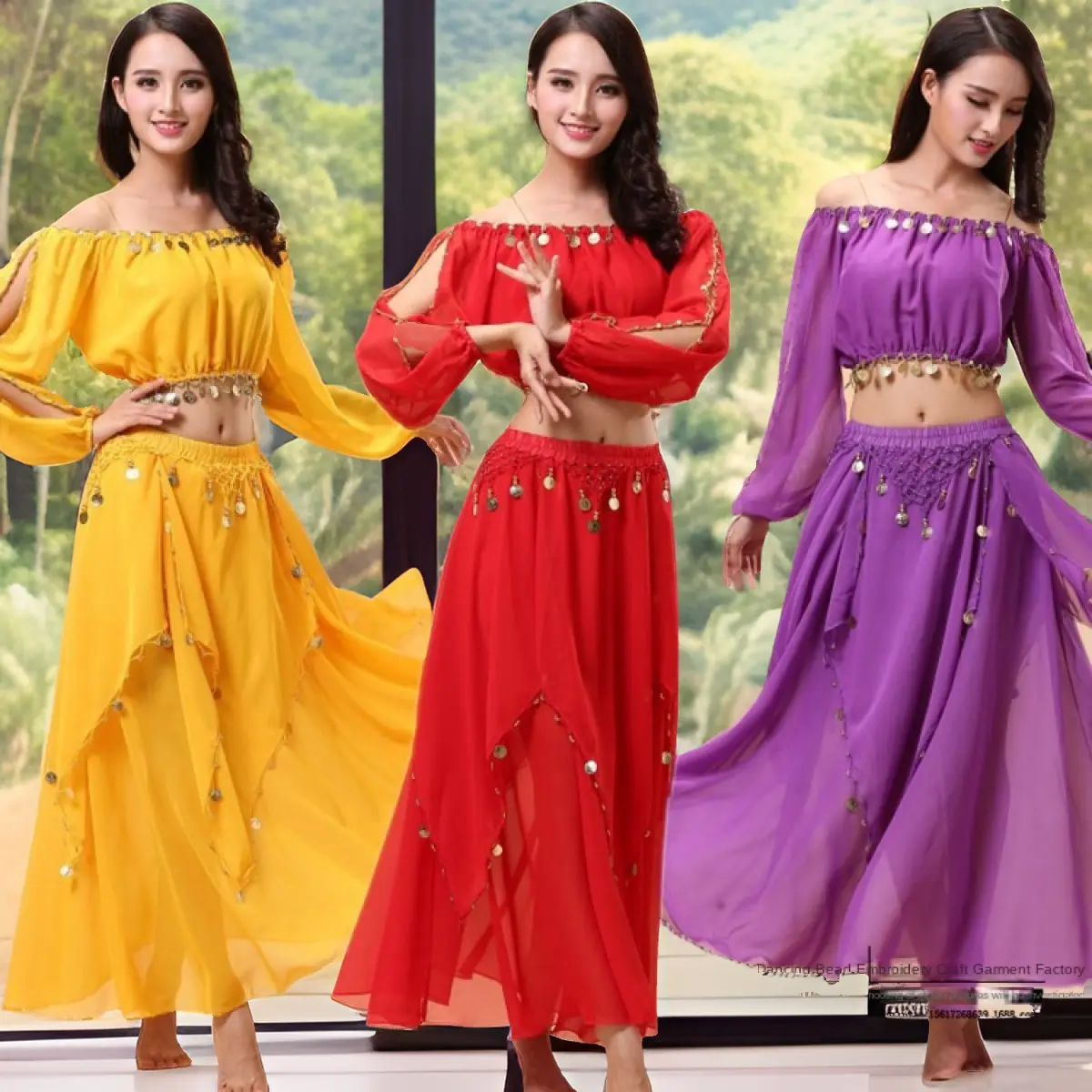Belly Dance Suit Adult Performance Wear New Indian Dance Costume Lantern Long Sleeve Hanging Coin Skirt Practice Costume Womenswear Accessory Clothing Lingerie bunny senpai  costume thaipusam  yellow indian  national costume Piece maid  costume