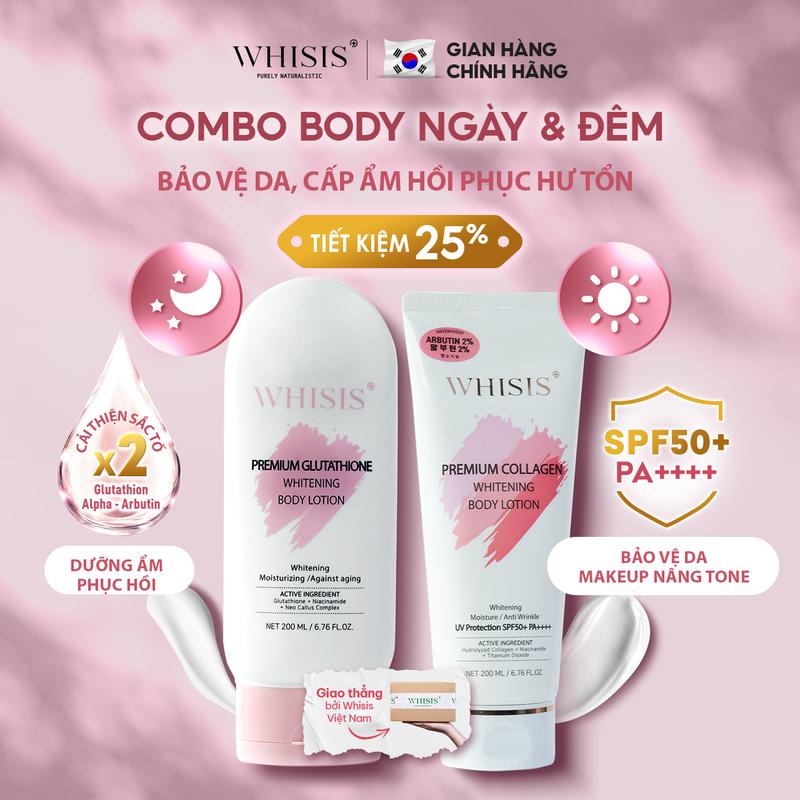 [Combo Dưỡng Da Body Ngày & Đêm] Kem Dưỡng Body Ngày Nâng Tone Bảo Vệ Da WHISIS Premium Collagen 200ml + Dưỡng Da Body Đêm Chuyên Sâu Whisis Premium Glutathione Whitening Body Lotion 200ml