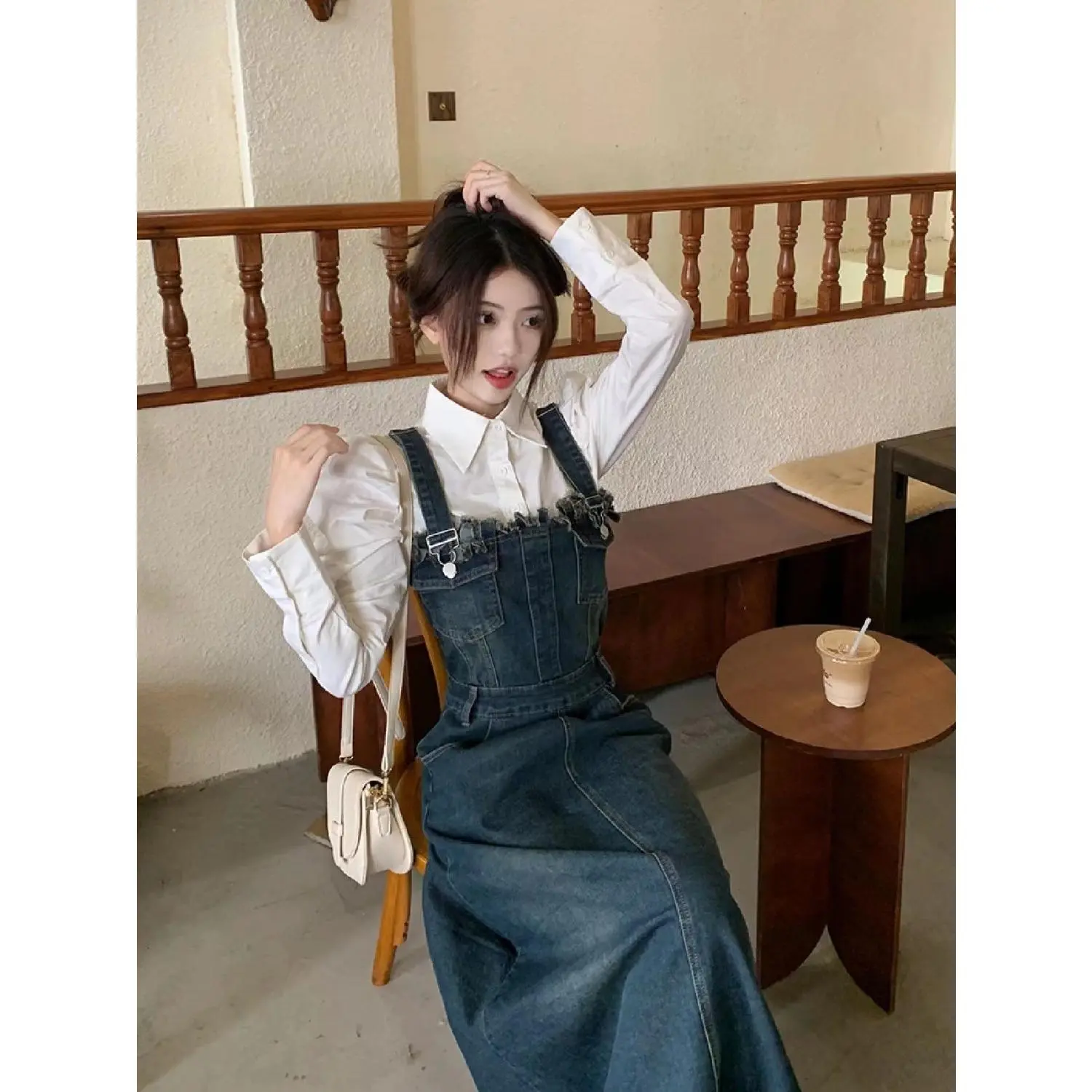 Two-Piece Suit French Retro Denim Brace Dress Female Student Spring New Design Sense Elegant Long Skirt Womenswear Clothing