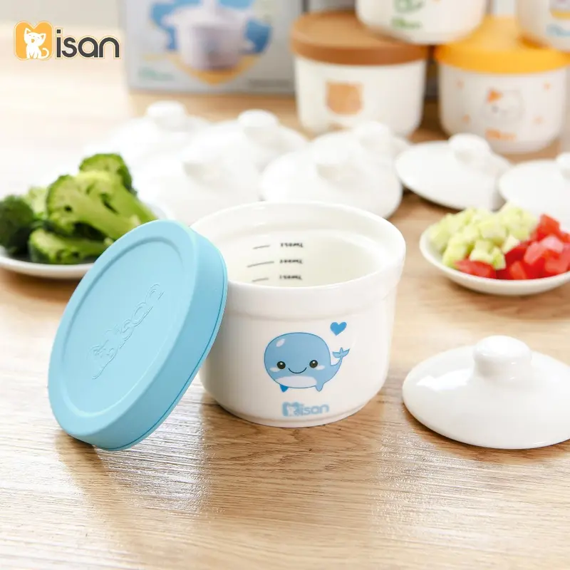 Bát ăn dặm cho bé chia vạch 250ml kèm 2 nắp đậy sứ và silicon chịu nhiệt, hũ sứ ăn dặm Hàn Quốc MISAN Luvamo Kem Voi 8